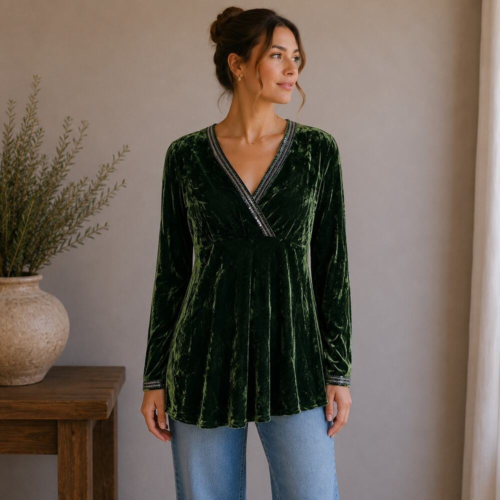 Carol Little Green Velvet Vintage Y2K Babydoll Top Large